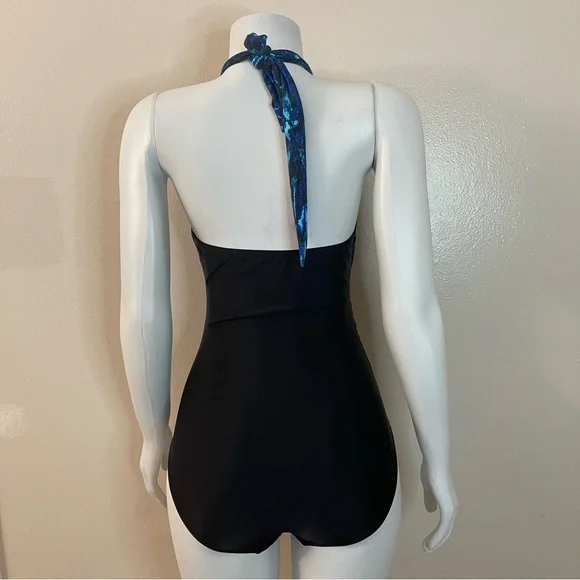 Blue and black halter neck cutout one piece swimsuit - Picture 2 of 12